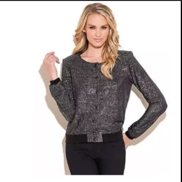 Guess- Black & Silver Metallic Shimmer Snap-Button Bomber Jacket